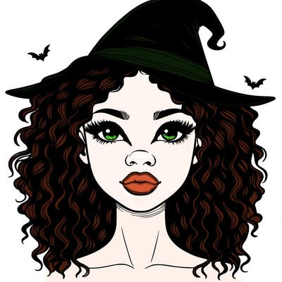realistic black girl with wavy hair and witch hat and nose and lips