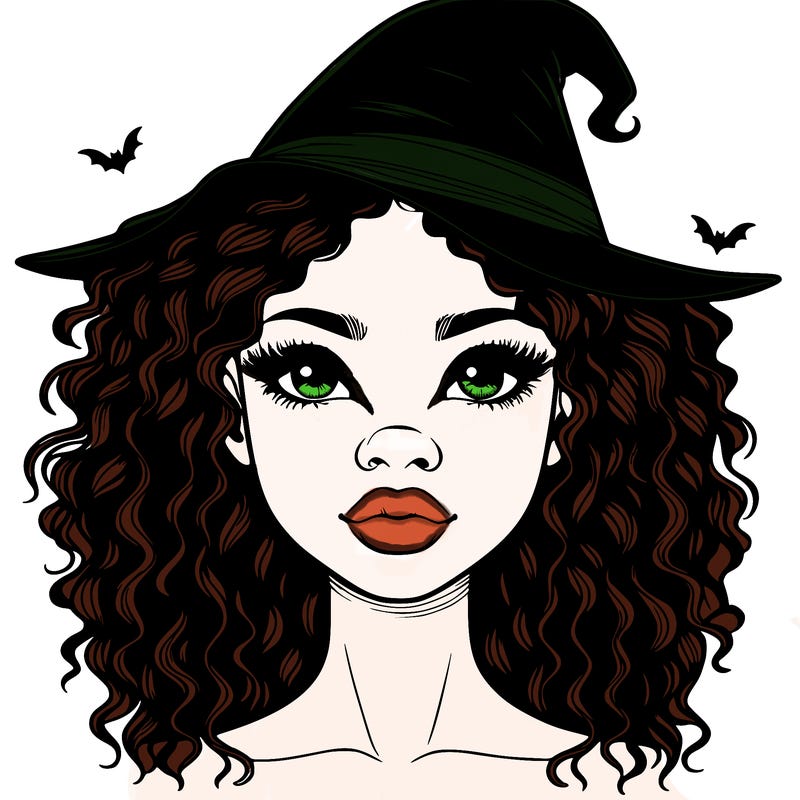 realistic black girl with wavy hair and witch hat and nose and lips