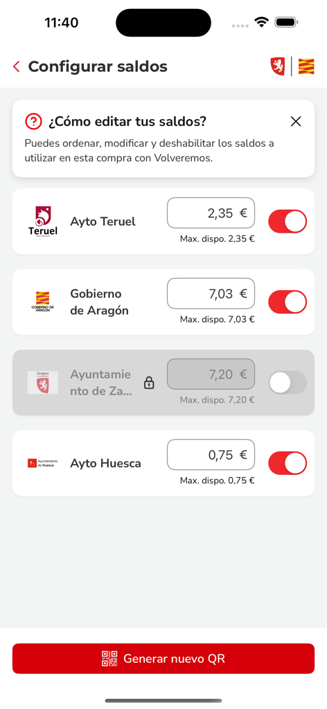 Mobile app interface showing cashback balances for different Spanish municipalities