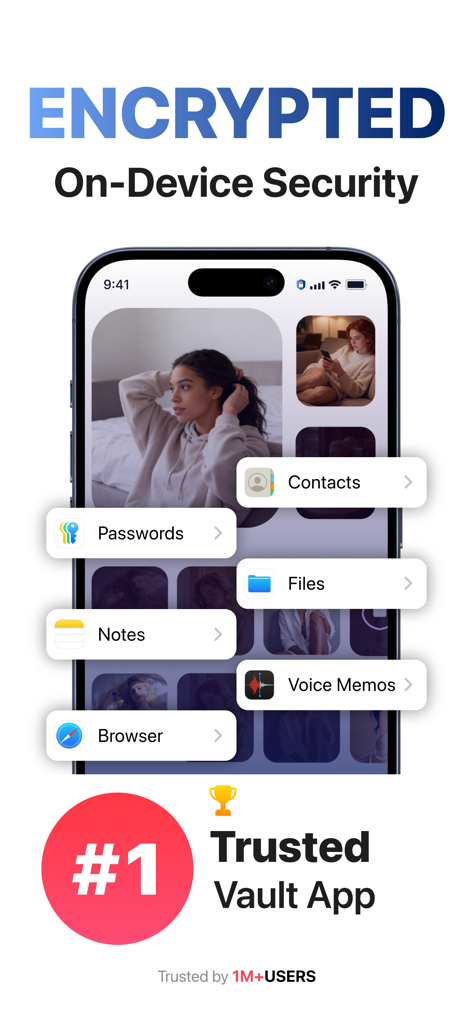 Secret Photo Vault: Safe Files - Secret Photo Vaultアプリに、写真、パスワード、プライベートファイルのためのオンデバイス暗号化セキュリティ機能が表示されています