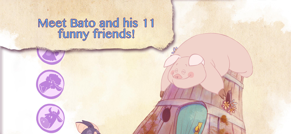 Knock Knock with Bato - A hand drawn illustration of a sleeping pig on a barrel house from the Knock Knock with Bato children app