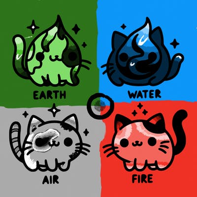 4 cats that represent the different elements, earth, water, air, and fire