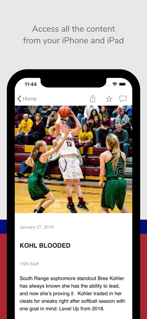 YSN Live - YSN Live app displaying a news article about a high school basketball game with a photo of a player shooting.