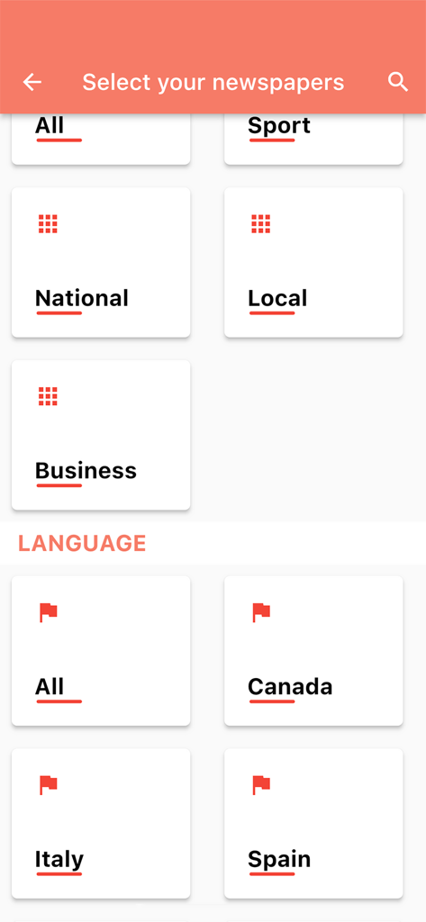 Prima Pagina Quotidiani - App interface for selecting newspapers by category and country