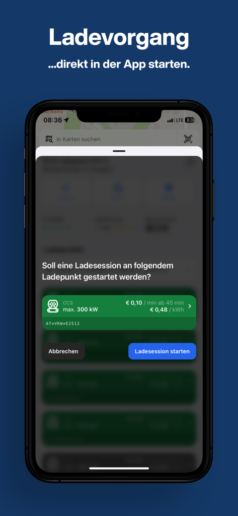vkw vlotte - A smartphone interface from the vkw vlotte app showing a confirmation prompt to start an EV charging session with specific charger details and pricing.
