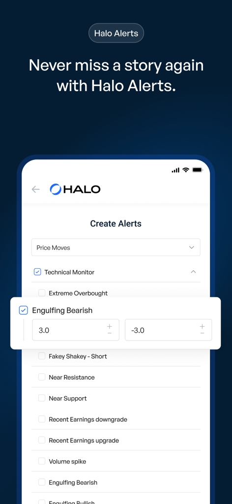 HALO Mobile - HALO Mobile app screen for configuring professional grade stock alerts and technical market signals