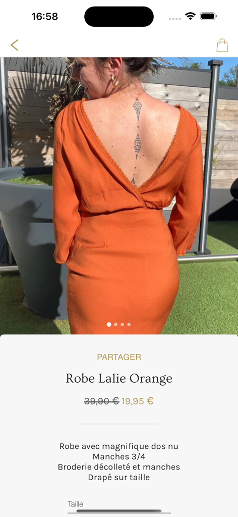 Les Pépites by LifeStyle - Vista del producto Robe Lalie Orange mostrando un diseño de espalda baja y descuento de precio en la aplicación de compras Les Pépites by LifeStyle