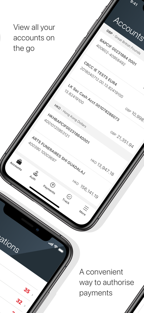 Interface de l'application mobile HSBCnet affichant les comptes professionnels internationaux et les options d'autorisation de paiement sur deux smartphones