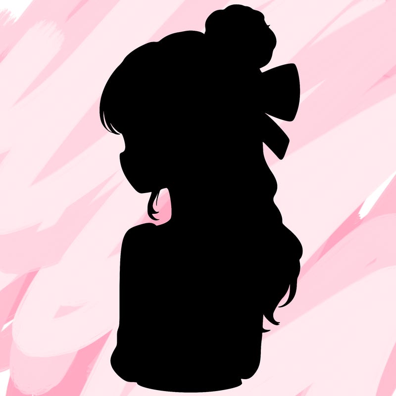 realistic girl  with hip length hair a bun and a big bow on the back of head