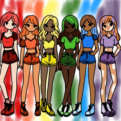a group of girls wearing crop tops and shorts