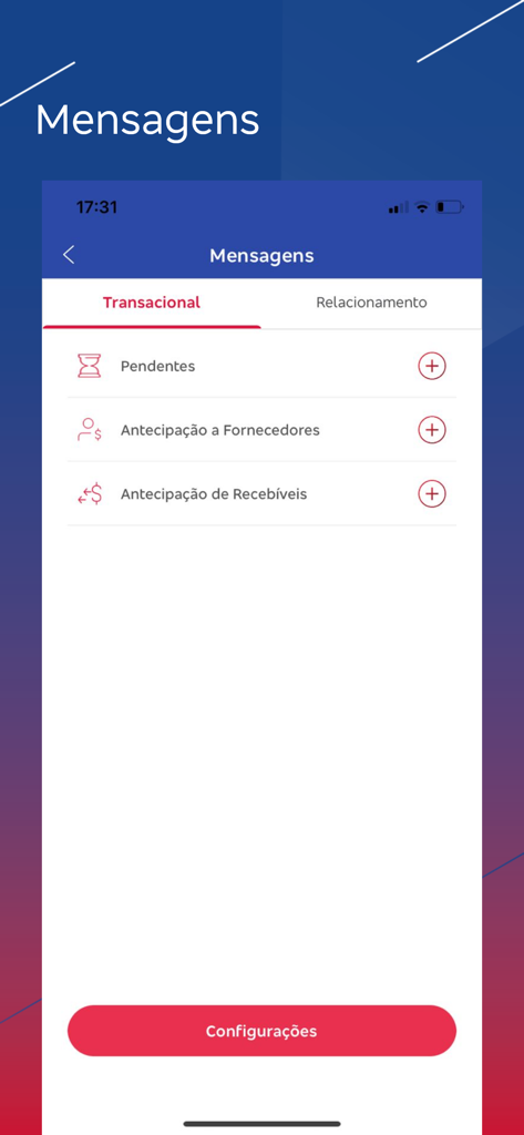 Interface do aplicativo Bradesco Net Empresa mostrando a tela de mensagens transacionais com opções para itens pendentes e antecipação de recebíveis