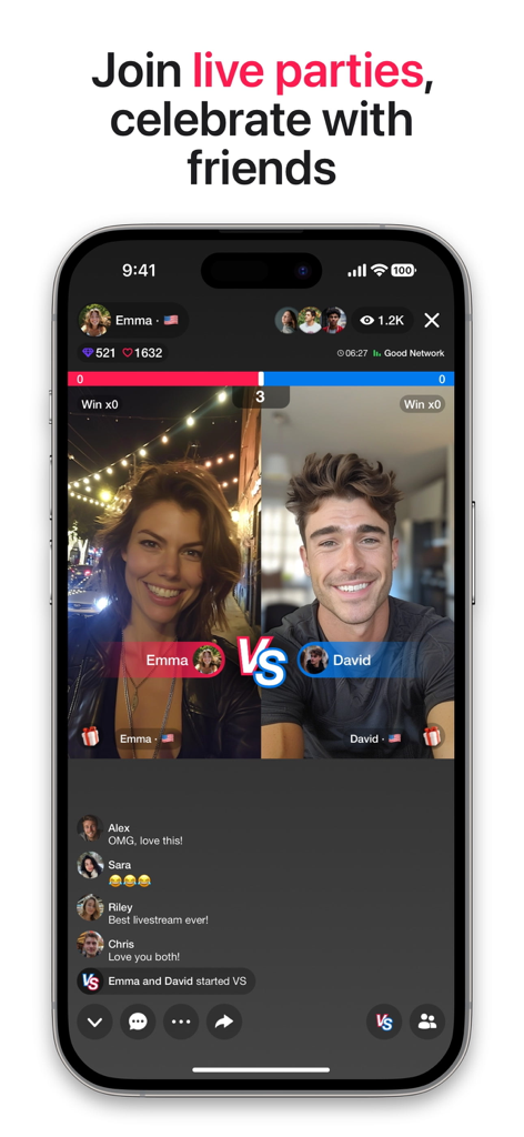 Sociable - Video Chat & Games - A screenshot of the Sociable app showing two people in a live video chat VS battle with a real-time user comment feed below.