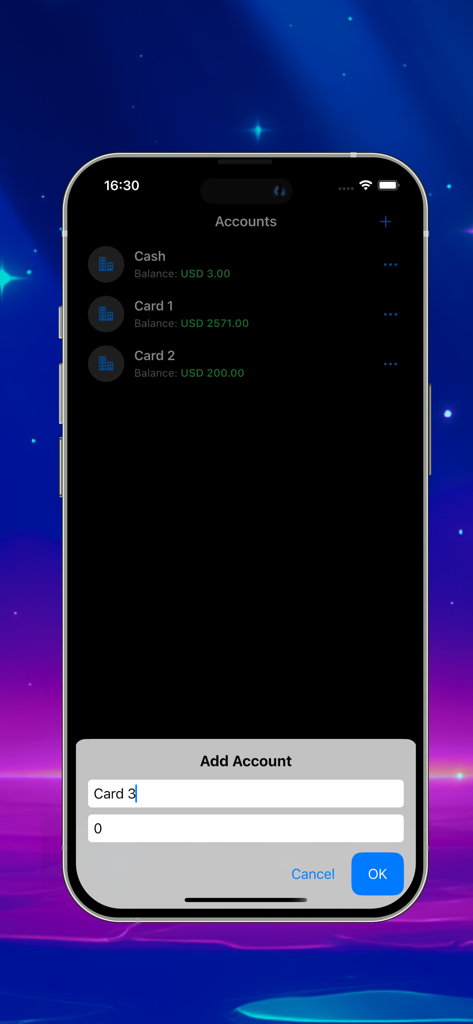 Drop Cost - 계정 목록과 계정 추가 팝업 창을 표시하는 Drop Cost 모바일 앱 화면