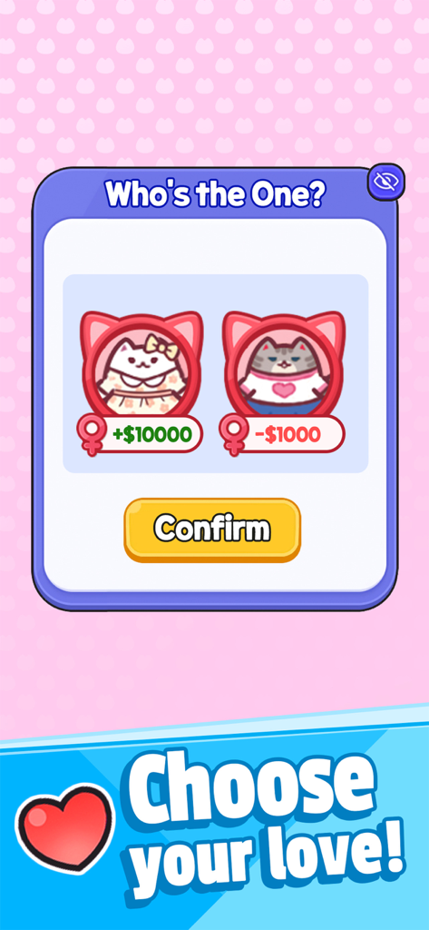 Cat's Life : Cute Simulation - Una captura de pantalla del juego Cat's Life: Cute Simulation donde los jugadores toman una decisión de vida para elegir a su interés amoroso felino.