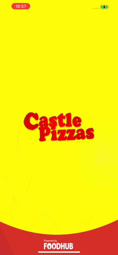 Pantalla de inicio de la aplicación móvil Castle Pizzas que muestra el logotipo rojo de la marca sobre un vibrante fondo amarillo impulsado por Foodhub