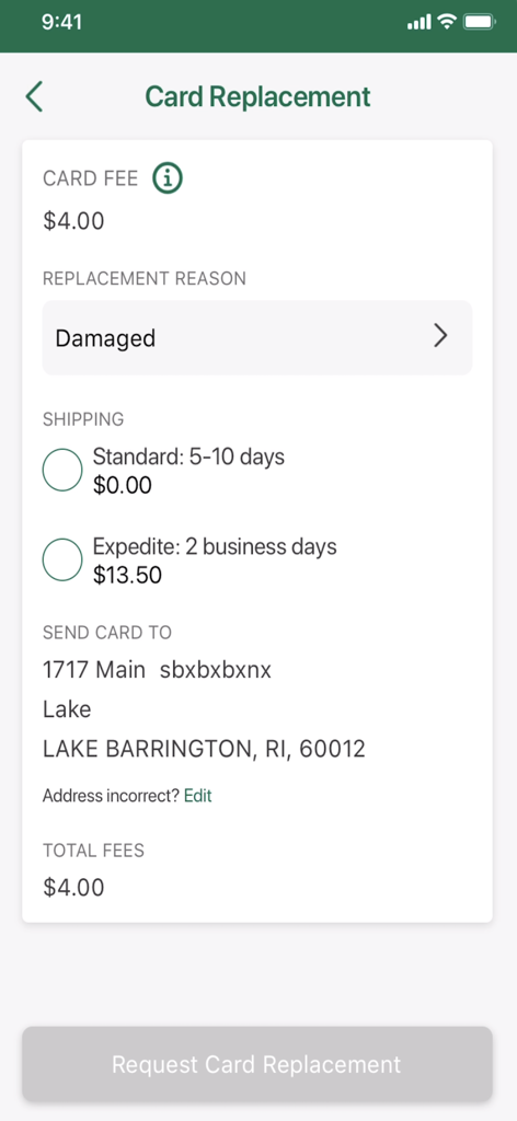 Direct Express Mobile app card replacement screen showing fees and shipping options