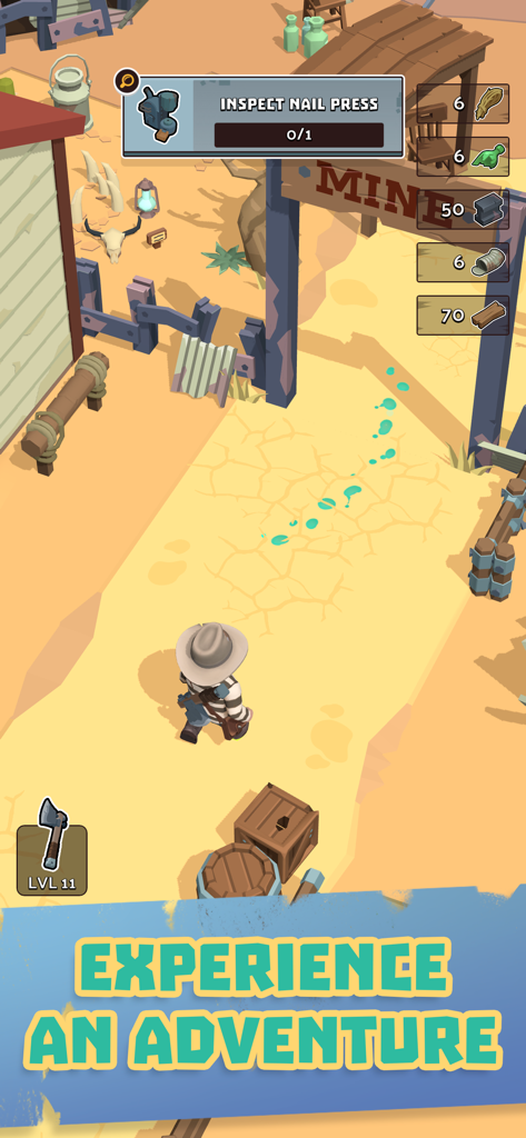 West Escape - Un personnage de cowboy explorant un environnement désertique dans le jeu mobile West Escape
