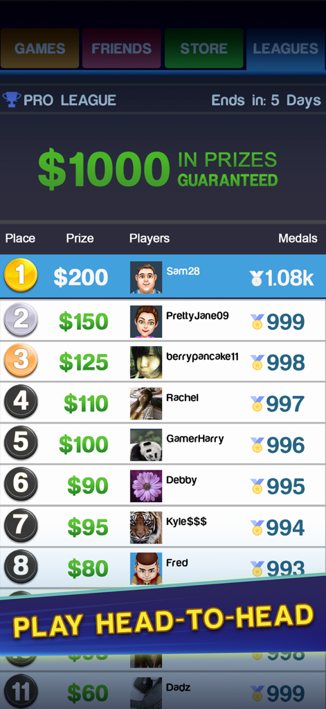 Tabla de clasificación de la Liga Pro de Block Blitz mostrando a los mejores jugadores y premios en efectivo garantizados
