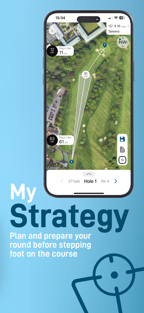 Shot Scope - Shot Scope app interface showing satellite view of a golf course with yardage markers and wind information for strategic planning.
