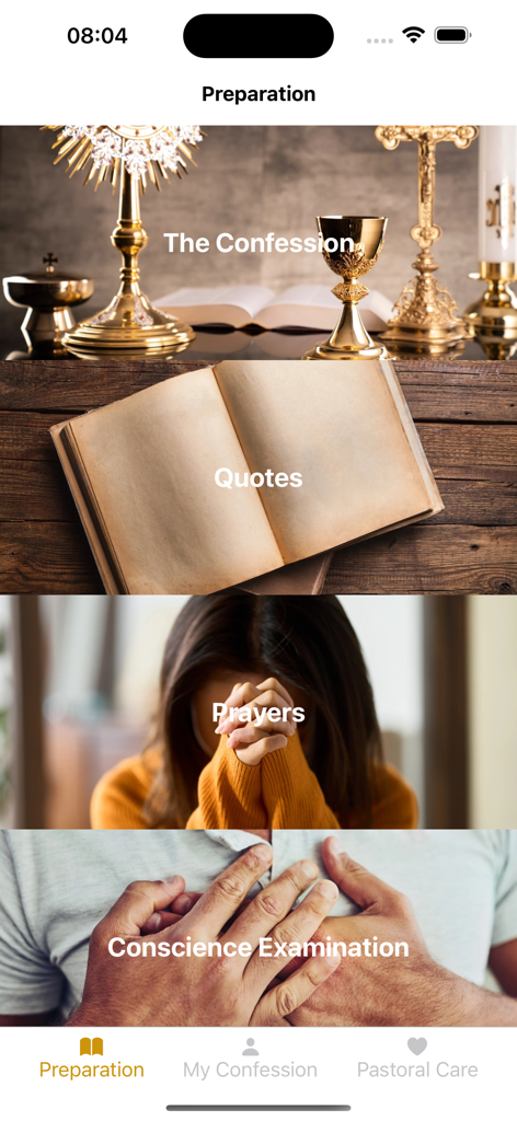 Menú de preparación de la aplicación Espejo de Confesión mostrando secciones para oraciones, citas y examen de conciencia