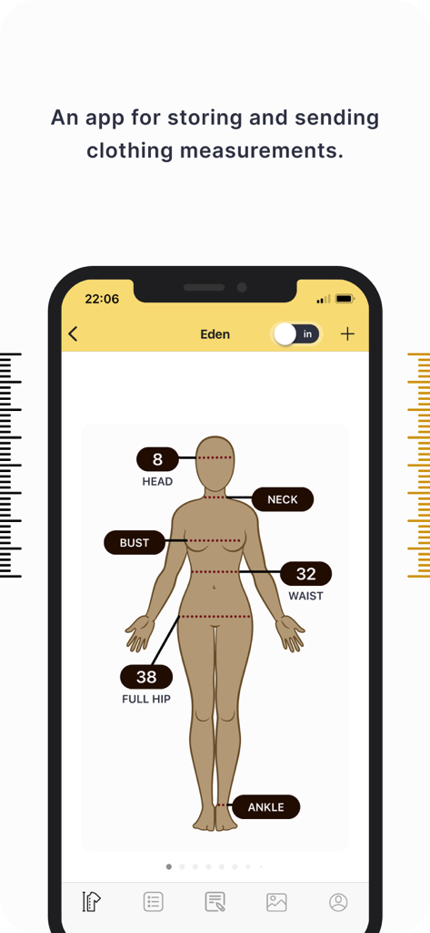 Tailor Body Measurements by DM - カスタム服の採寸マーカーが付いた女性のシルエットを表示するTailor Body Measurementsアプリ画面