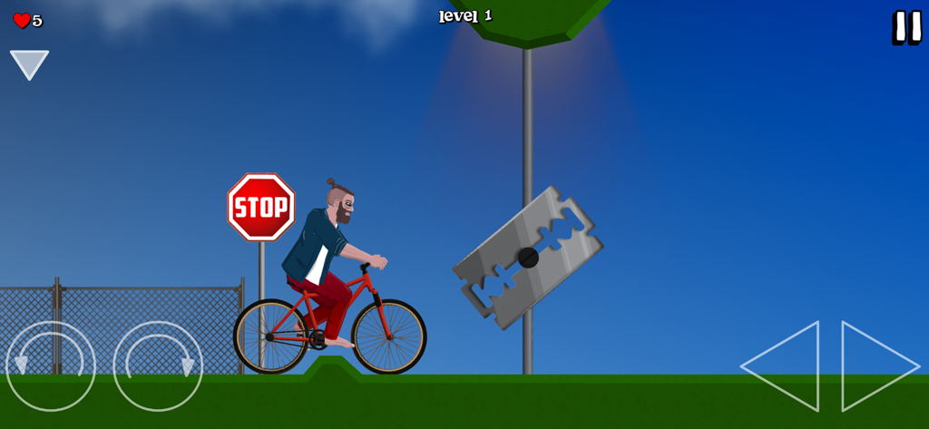 Short Ride - A man riding a bicycle towards a giant razor blade obstacle in the Short Ride game.