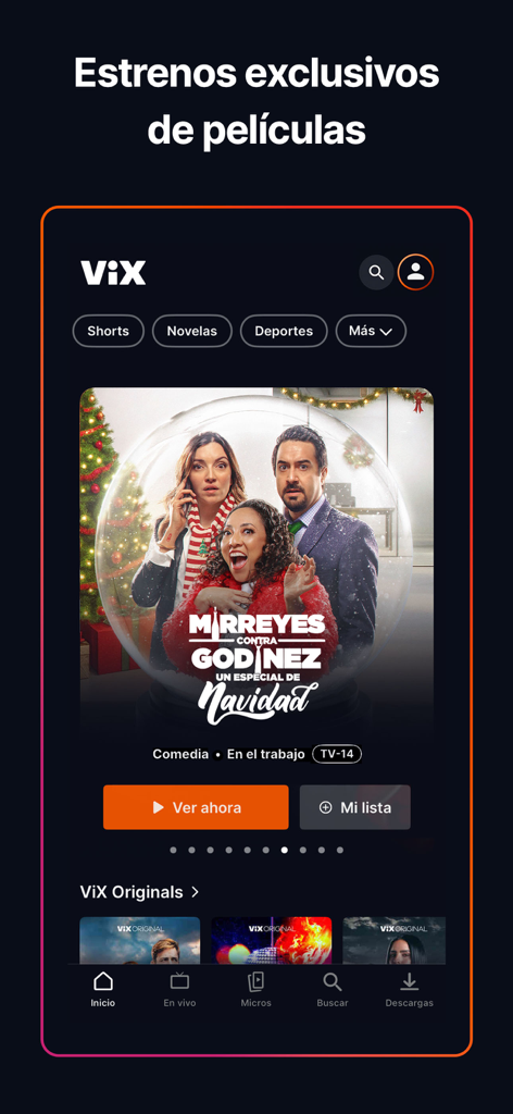 Interfaz móvil de la aplicación ViX mostrando estrenos de películas en español y contenido original