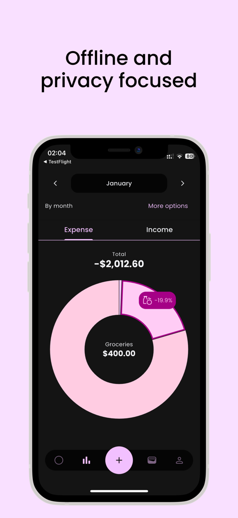 Flow: Expense tracker - Flow expense tracker app interface showing a monthly expense pie chart in dark mode with a focus on privacy and offline functionality