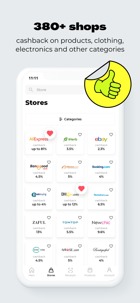 Interfaz de la aplicación Backit que muestra una variedad de tiendas asociadas como AliExpress y eBay con porcentajes de cashback disponibles