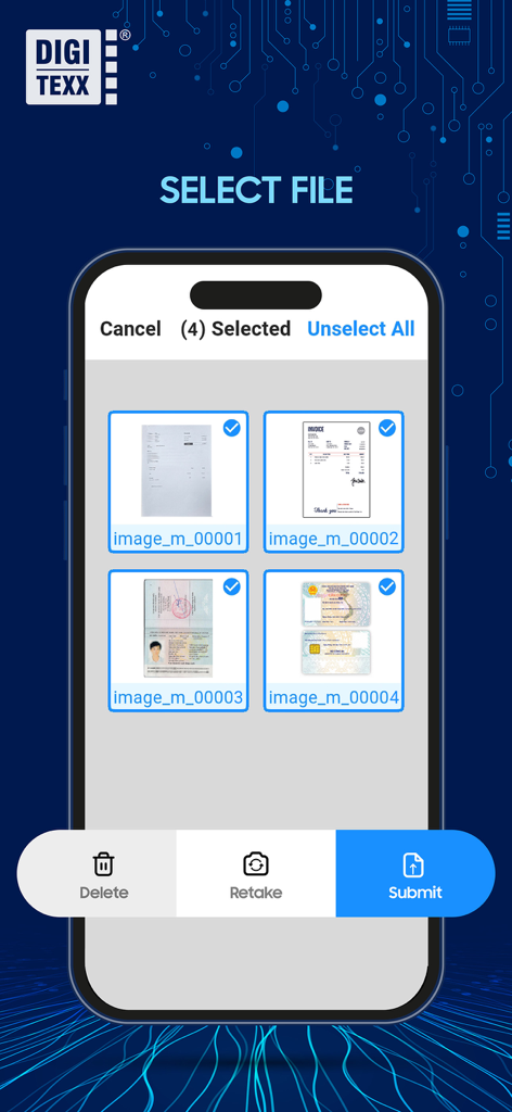 Digi Scan App - Digi Scan App mobile interface showing multiple scanned documents selected for submission with options to delete retake or submit