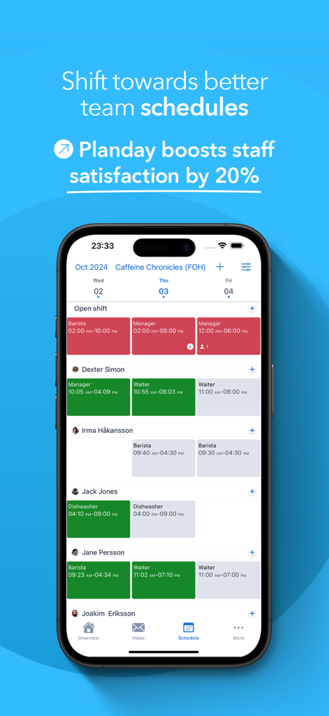 Smartphone screen showing the Planday app interface with a detailed team work schedule and employee shifts.