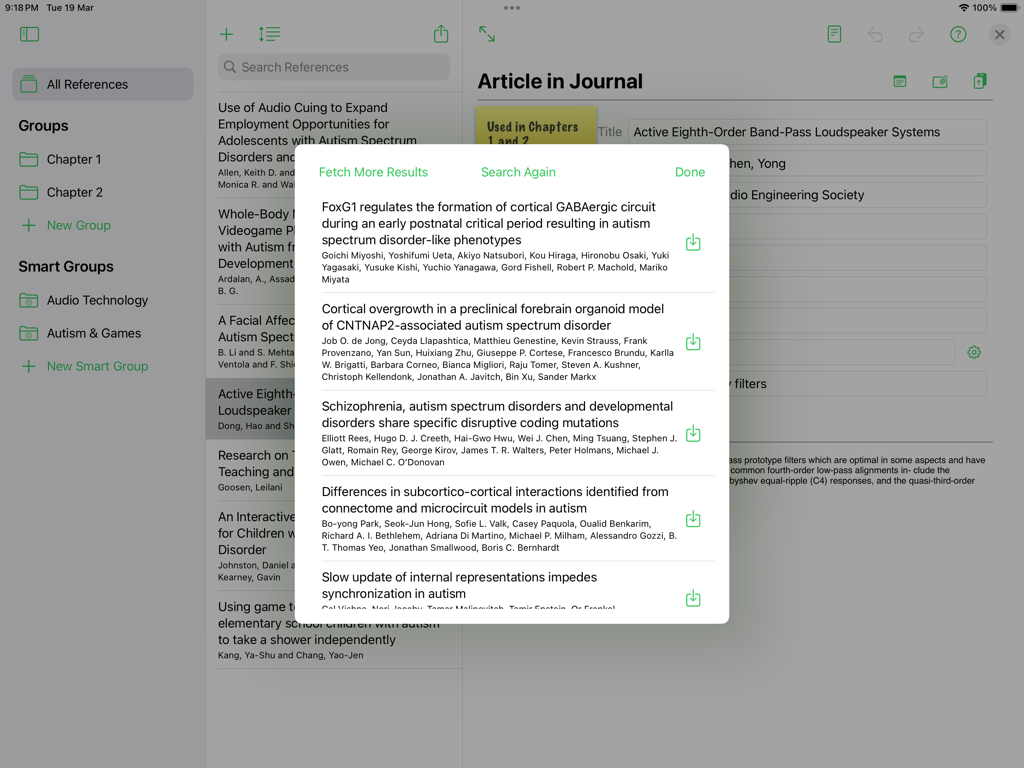 Reference Tracker - iPad screenshot showing academic journal search results within the Reference Tracker app