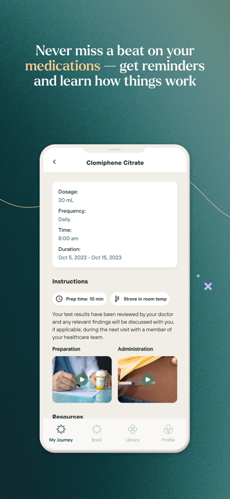 Interfaz de la app Pollin mostrando instrucciones detalladas y recordatorios para medicamentos de fertilidad