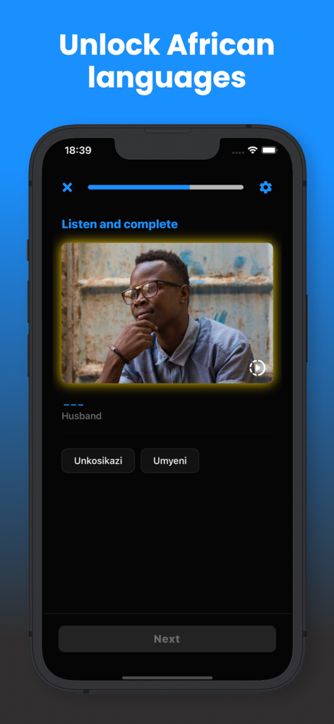 Angula - African languages - Angula app interface showing a listen and complete exercise for learning African languages