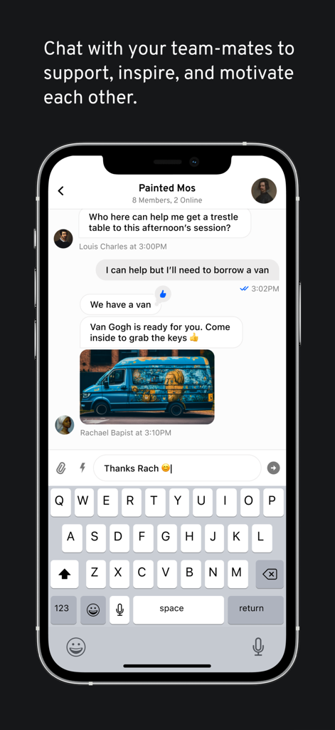 Movember - Interfaccia di chat di squadra dell'app Movember che mostra i membri che comunicano e si supportano a vicenda