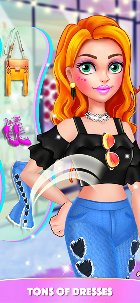 Eine weibliche Figur mit orangefarbenem Haar trägt ein schwarzes Crop-Top und blaue Jeans mit Herz-Ausschnitt, daneben modische Accessoires