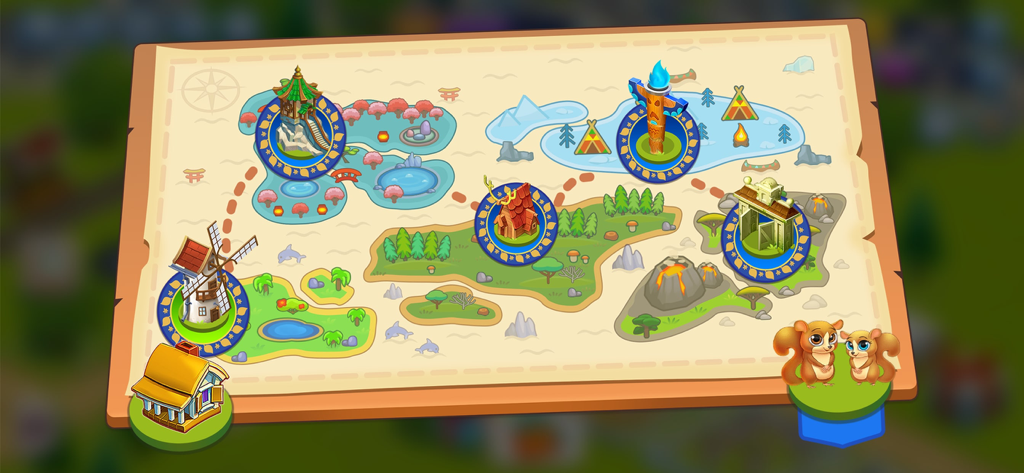 Un colorido mapa del mundo que muestra diferentes islas temáticas y ubicaciones de niveles en el juego Golden Farm