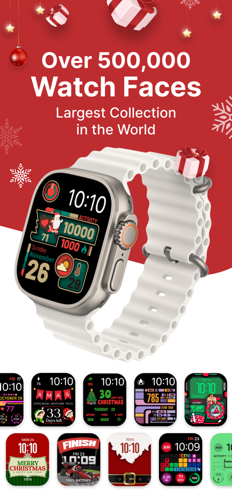 A promotional image for Watch Faces by Facer showing an Apple Watch with a Christmas design and a gallery of various custom watch faces