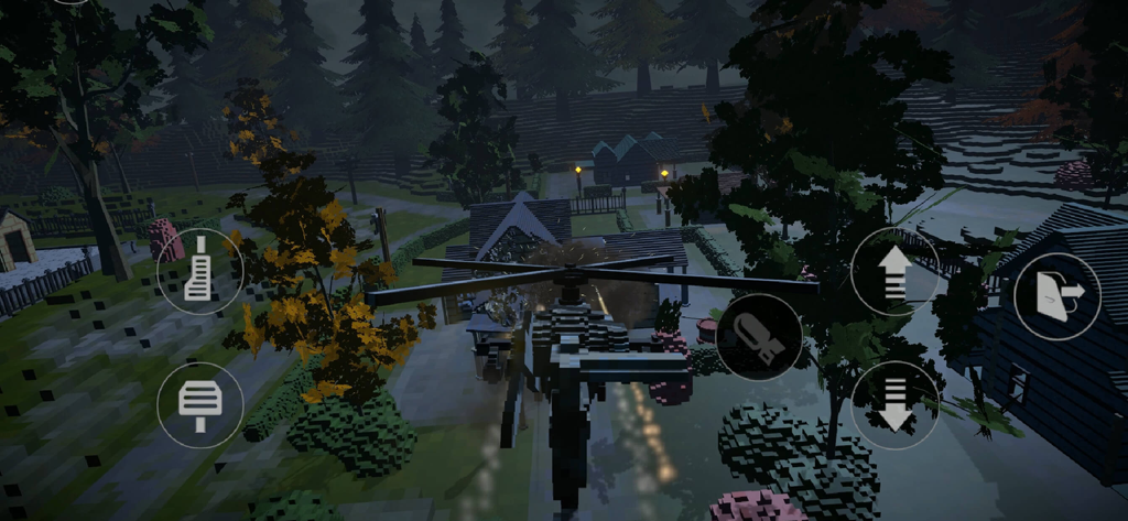Voxel Destruction Sandbox - A blocky helicopter flying over a voxel suburban neighborhood at night with on-screen gameplay controls.