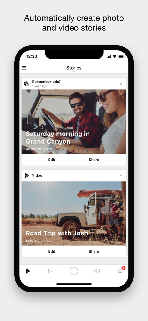 Interfaz de la aplicación móvil de RealTimes que muestra historias automatizadas de fotos y videos de recuerdos de viajes.