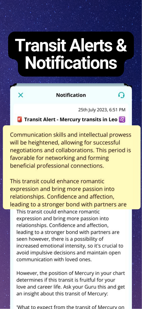 AstroVeda: Your Astrology Guru - AstroVeda app screen displaying a transit alert notification with astrological guidance