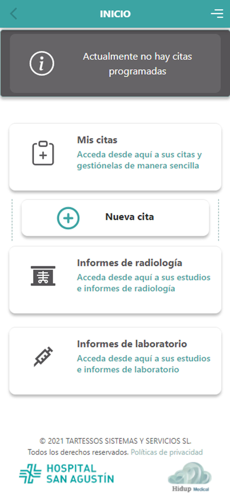 Pantalla de inicio de la aplicación del Hospital San Agustín con opciones para citas e informes médicos