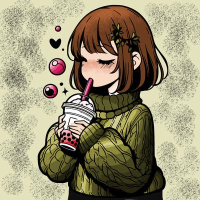 manga girl drinking boba in cozy sweater