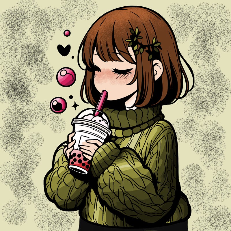 manga girl drinking boba in cozy sweater