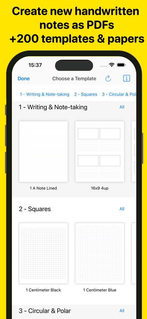 Aı Note Taker - Voice Notes - Interfaz de la aplicación AI Note Taker mostrando una selección de más de 200 plantillas de papel para notas escritas a mano y creación de PDF