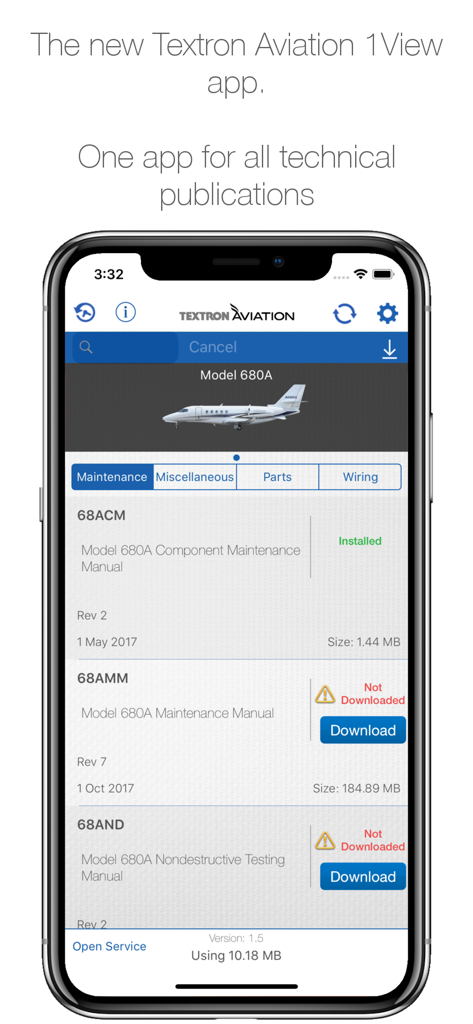 Textron Aviation 1View - Mobile app interface for Textron Aviation 1View displaying a list of maintenance manuals for a Model 680A aircraft