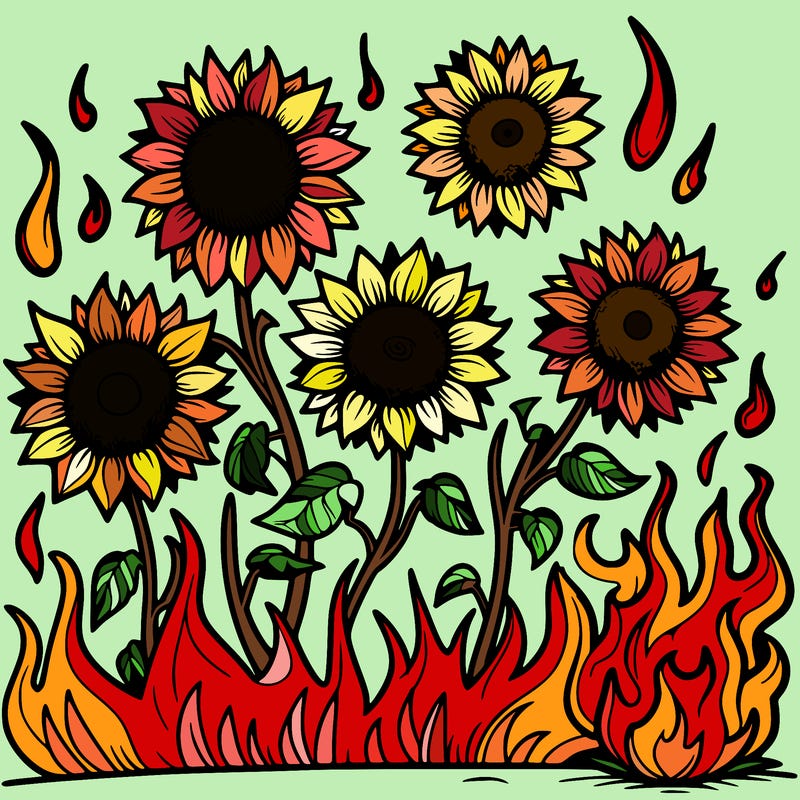 sunflowers on fire