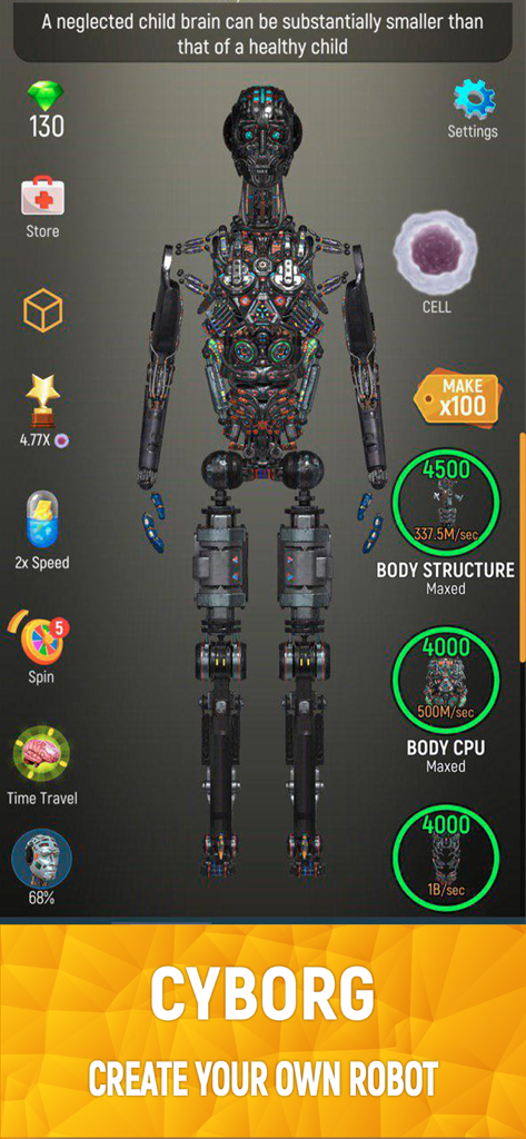 A screenshot of the Idle Human mobile game showing the creation of a 3D cyborg robot with maxed out body structure and CPU upgrades.