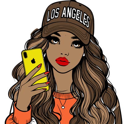 realistic beautiful girl wearing los ángeles cap holding an iphone