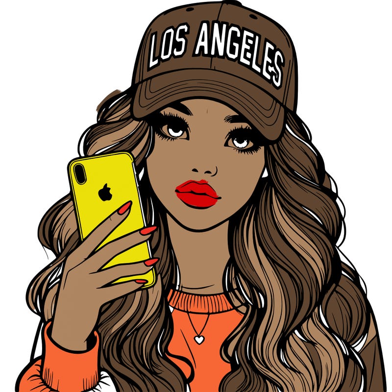 realistic beautiful girl wearing los ángeles cap holding an iphone